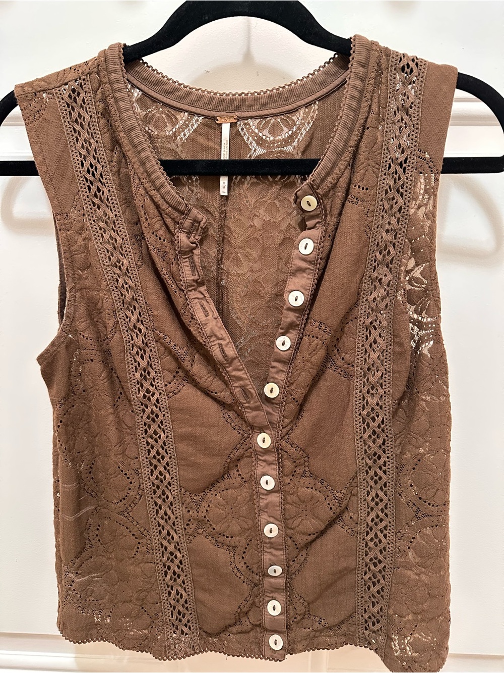 Free People Brown Lace-Trim Button Front Camisole